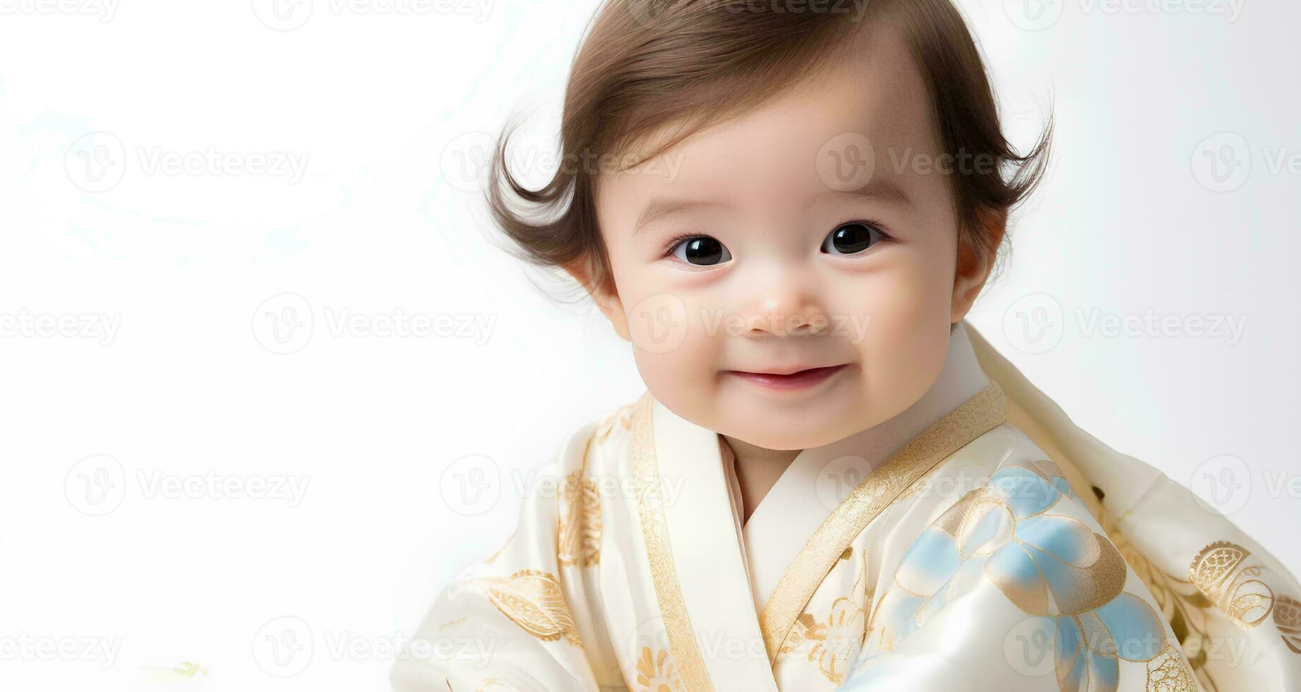 ai generado retrato de japonés bebé niña modelo vistiendo linda kimono, 8 mes antiguo bebé, estudio foto, aislado blanco fondo, para publicidad y web diseño foto