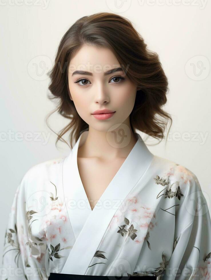 AI generated Portrait of a young Japanese female model wearing a kimono posing gracefully, isolated white background, AI generative photo