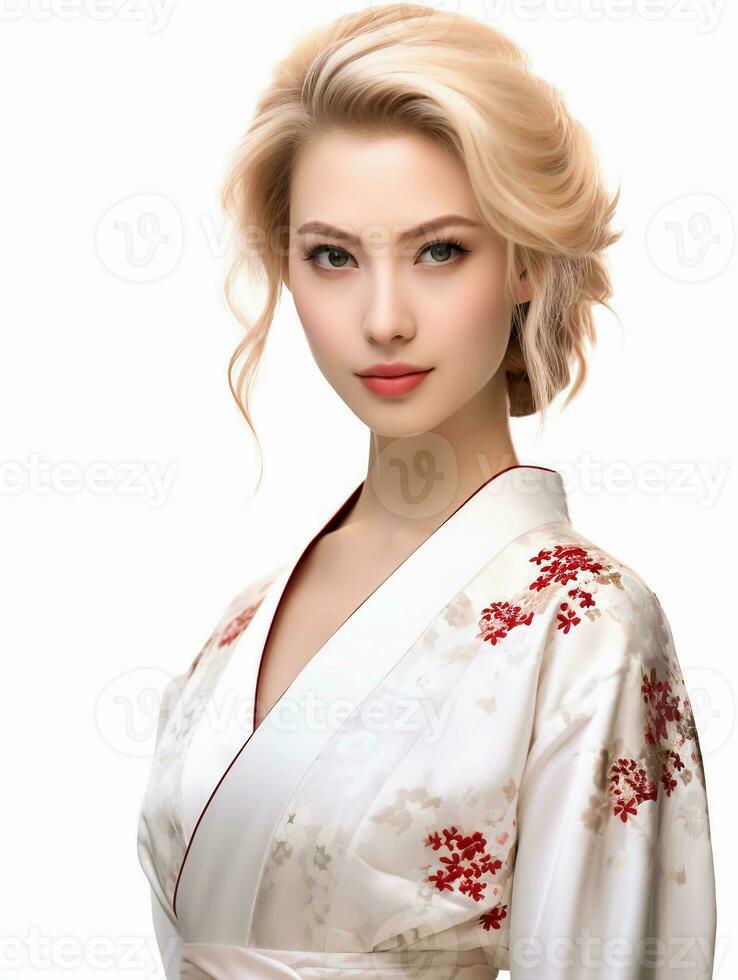 AI generated portrait of young blonde japanese female model wearing kimono posing gracefully, isolated white background, generative AI photo