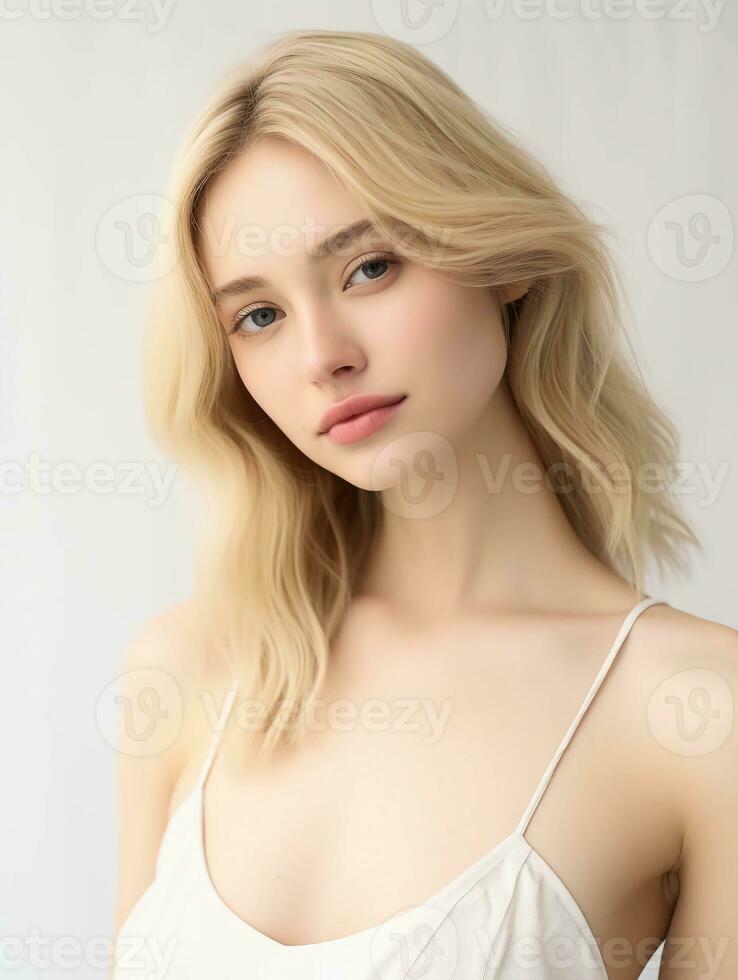 AI generated Close up of beautiful Japanese woman in feminine dress with blonde hair, isolated white background, AI Generative photo