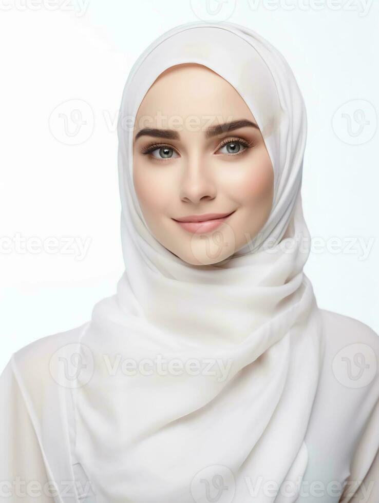 AI generated Portrait of a young woman wearing a hijab, a beauty product model with a white and clean face, elegantly posing, studio photo, isolated white background photo
