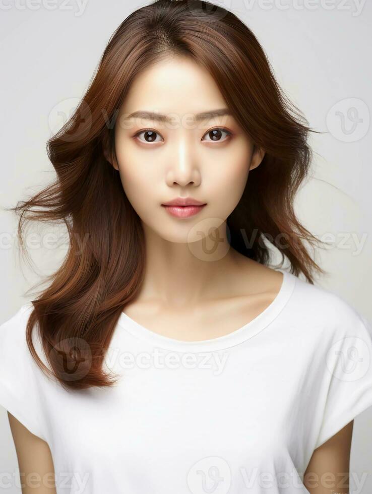 AI generated Portrait of white and clean young Japanese female beauty model, graceful posing, studio photo, isolated white background, AI Generative photo