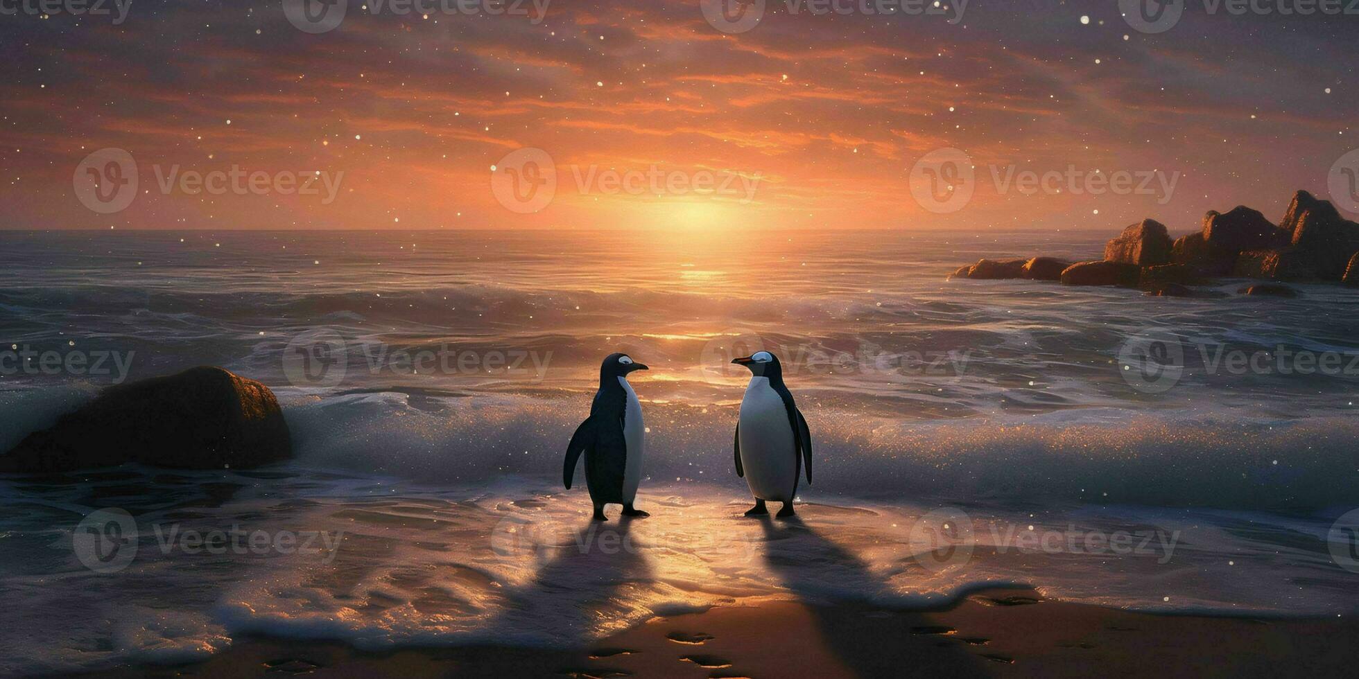 AI generated A Pair of Penguins Enjoy the Beauty of the Beach at Dusk. Penguin Couple. Generative AI photo