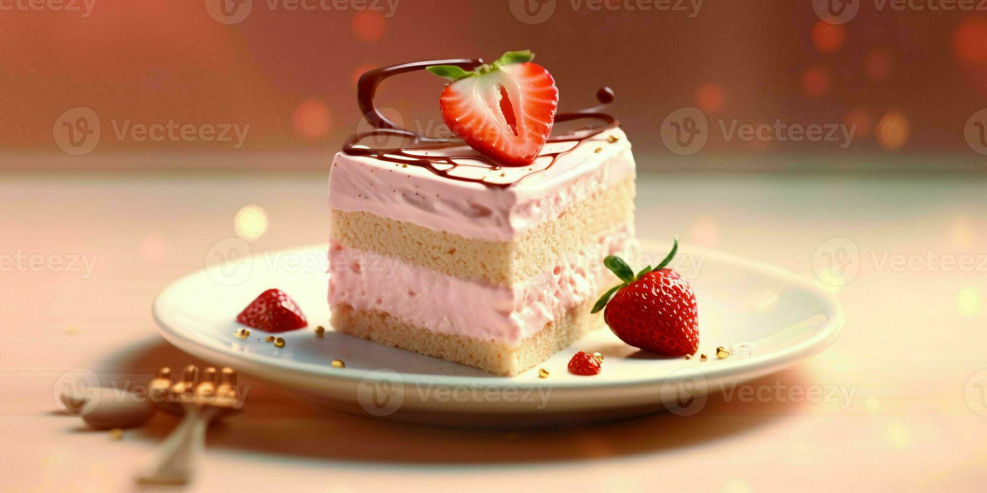 ai generado un rebanada de dulce rosado pastel con fresas y crema en cima. generativo ai foto