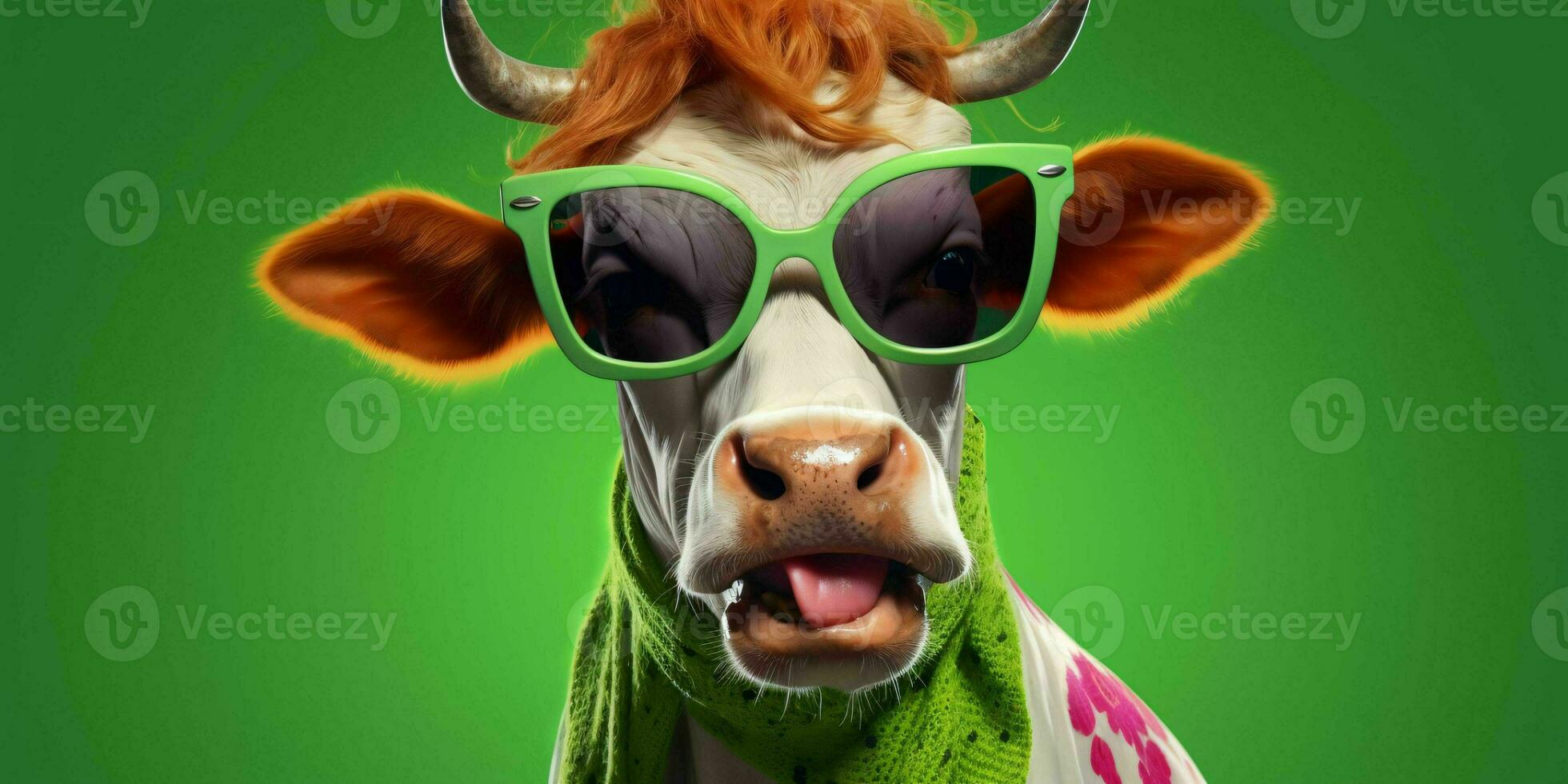 AI generated Portrait of Cool and Funny Cow Wearing Glasses in Studio Background. Generative AI photo