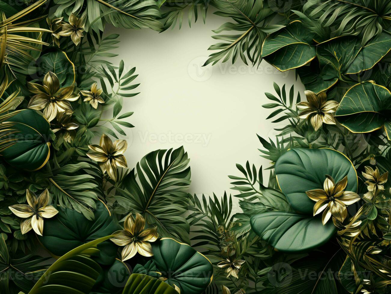 AI generated Exotic Tropical Leaves Background with Copy Space in The Center. Generative AI photo