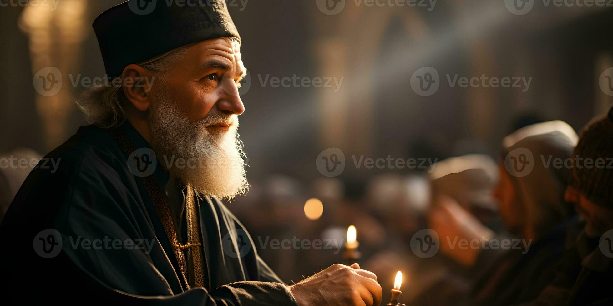 AI generated Islamic Imam Conducts a Sermon at the Mosque. Muslim Imam Preaching to the People in the Mosque. Generative Ai photo