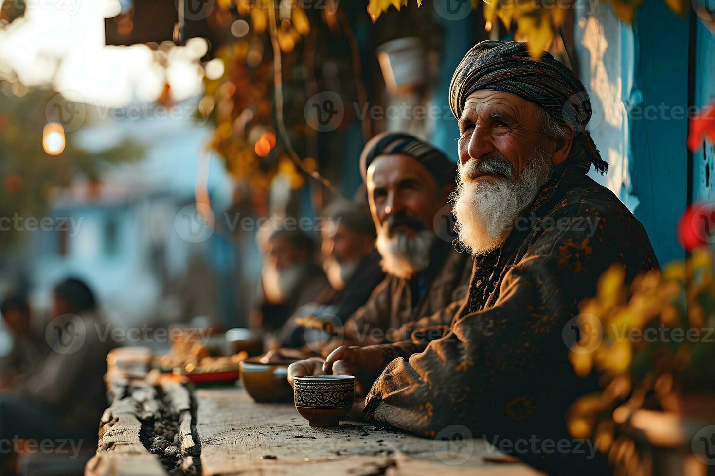 AI generated Happy and cheerful Middle Eastern old man sitting and enjoying a meal together outdoors. Generative Ai photo