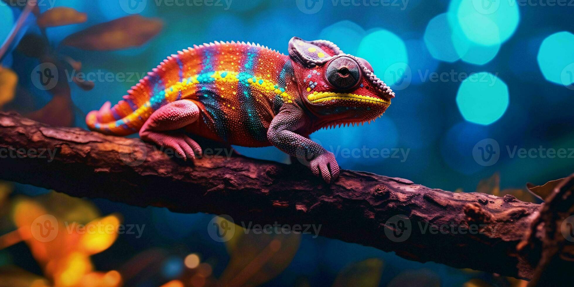 AI generated Colorful Chameleon Perched on a Tree Branch with Vibrant Neon Light Effect. Digital Art. Generative AI photo