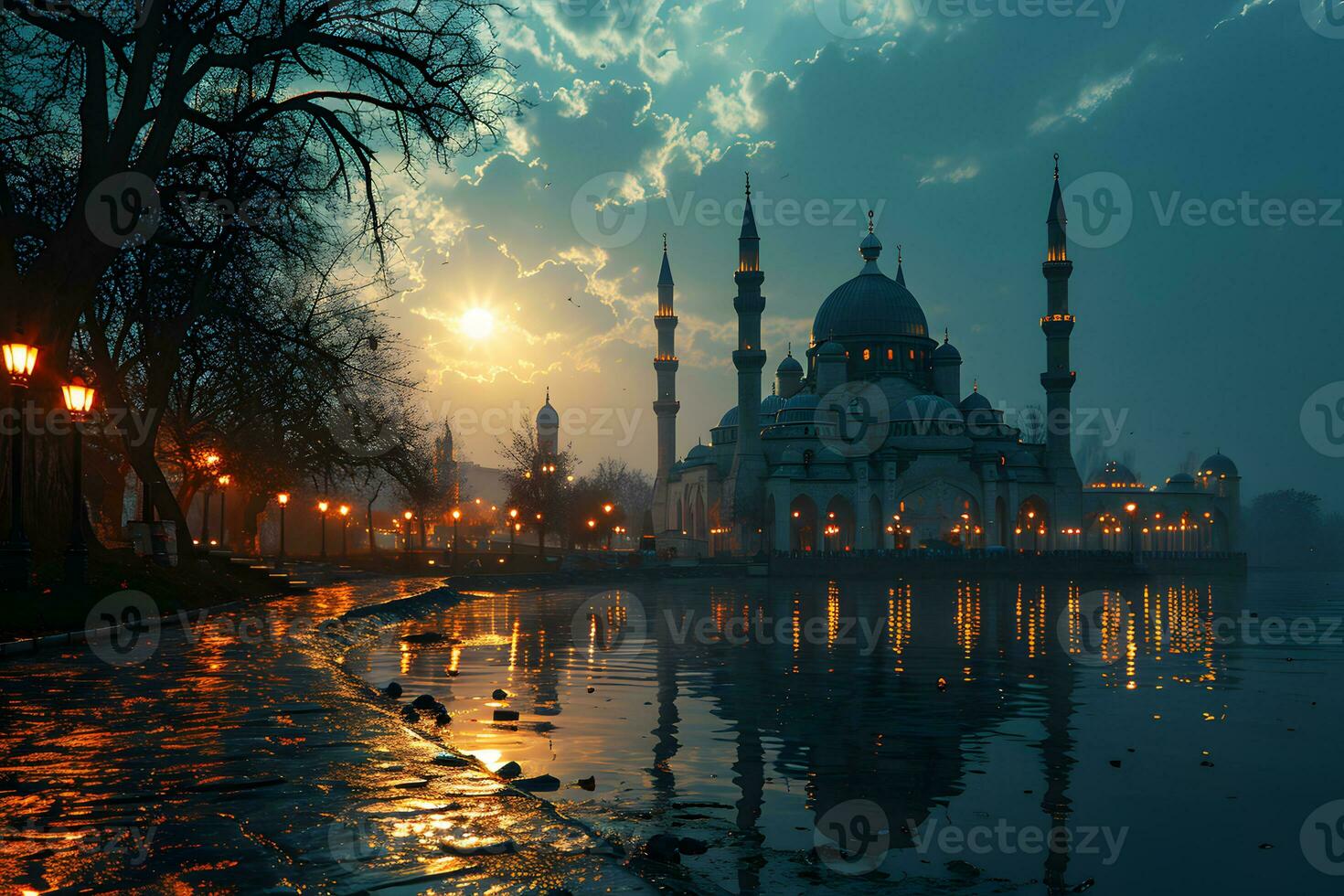 AI generated A Magnificent Mosque with a Beautiful Sky View at Sunset. Generative AI photo