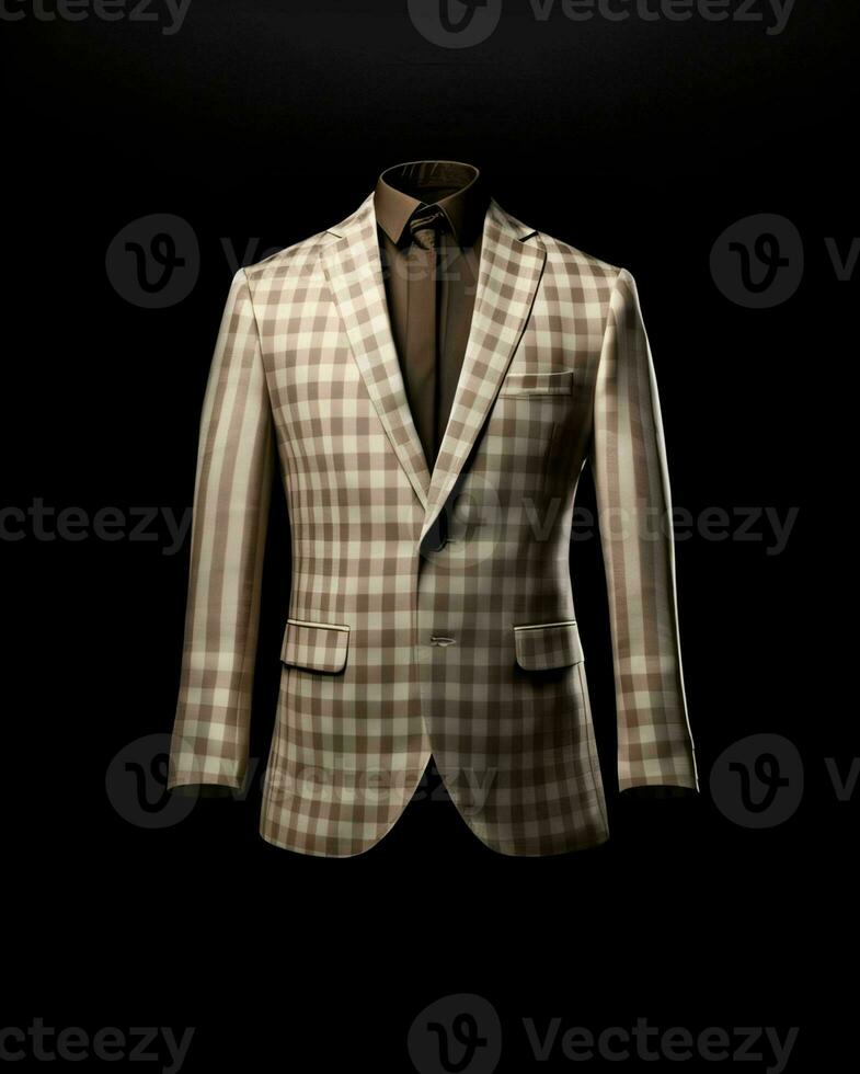 AI generated Elegant Beige Men's Suit with Gingham Motif Isolated on Black Background. Generative AI photo