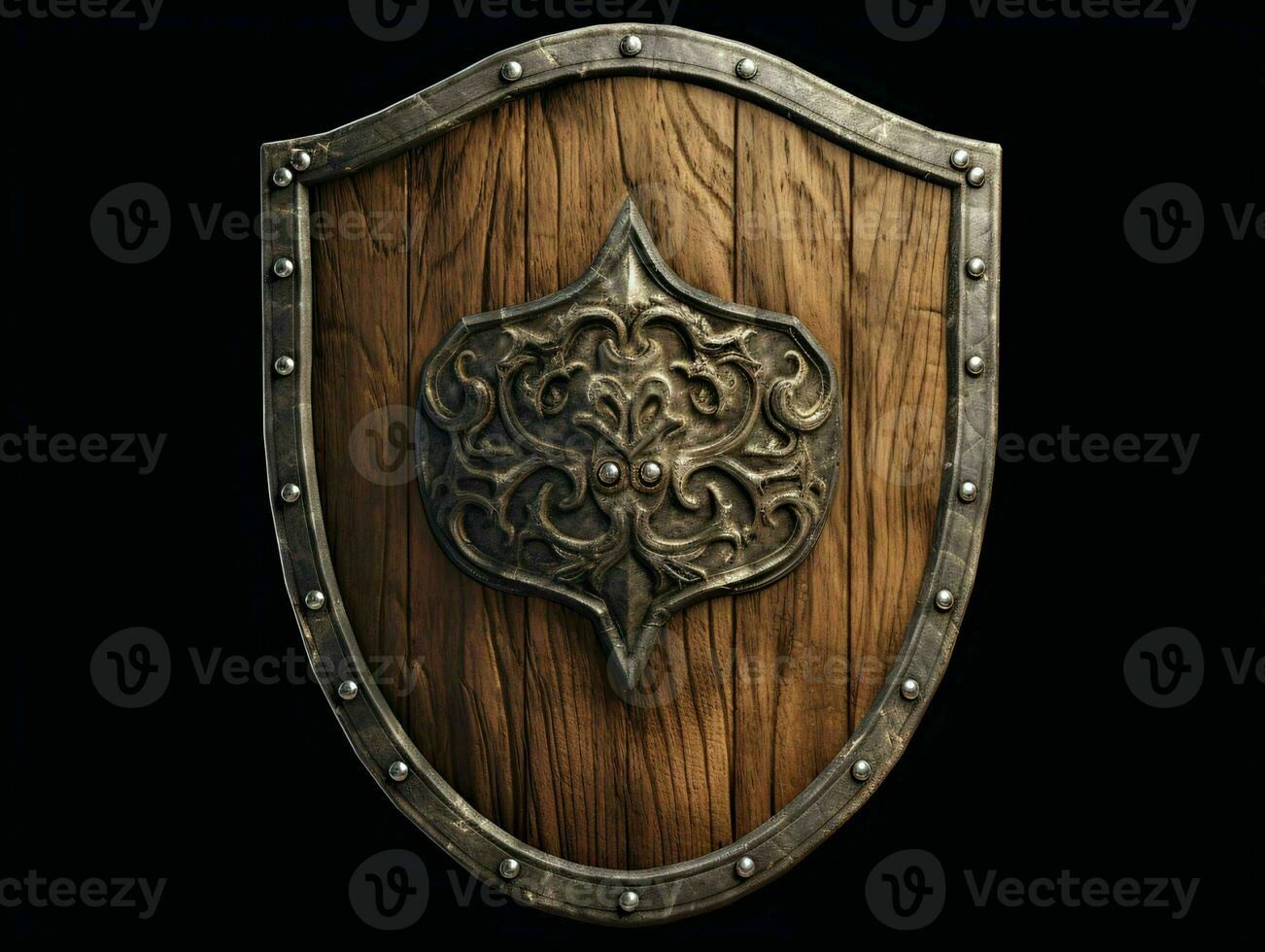 AI generated Medieval Wooden Shield with War Torn Mark. Generative AI photo