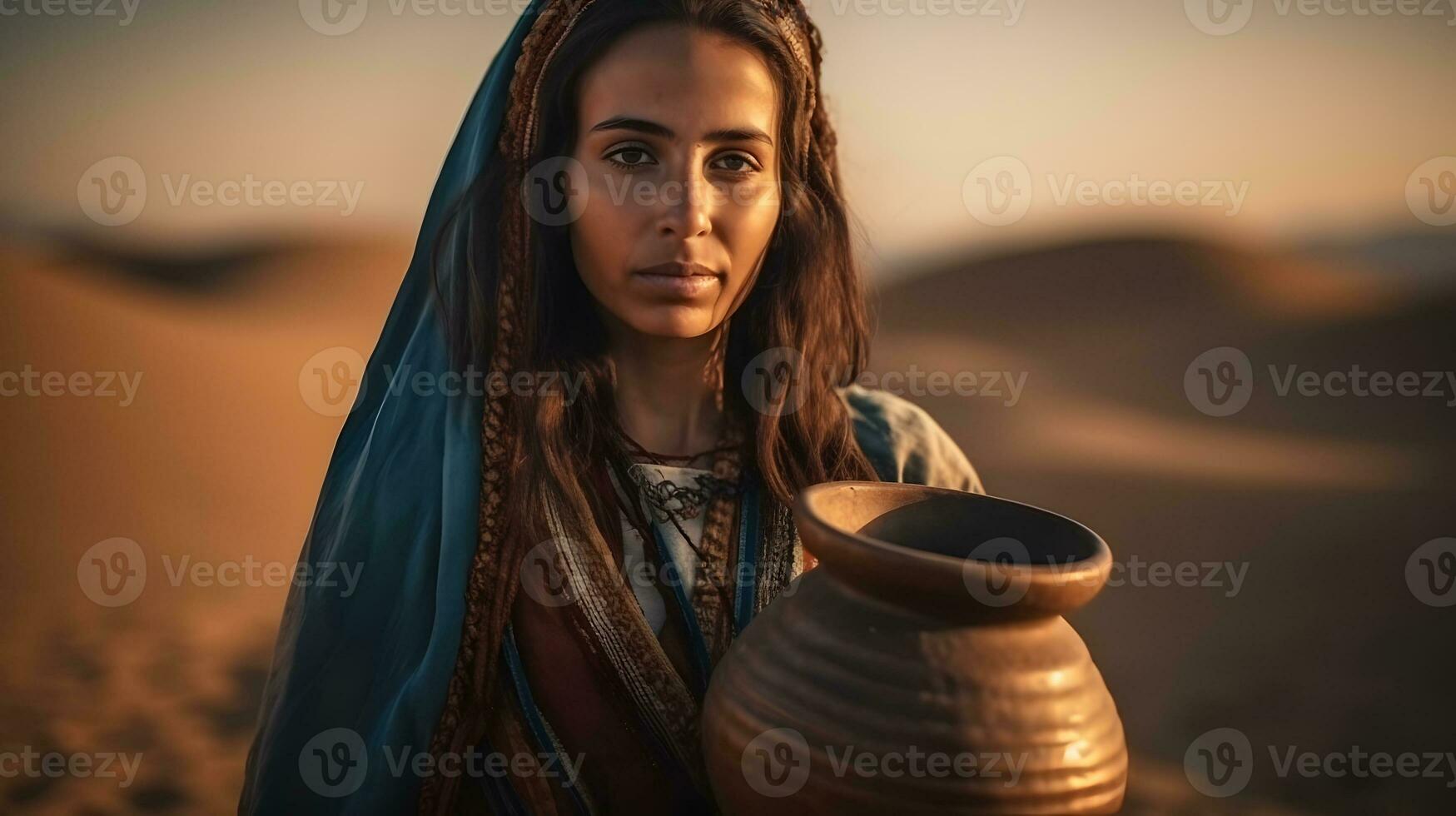 ai generado retrato de hermosa árabe mujer con increíble ojos en el desierto. medio oriental mujer. generativo ai foto