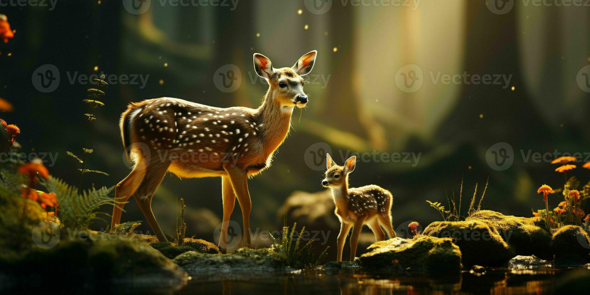 AI generated Deer and Fawn With a Blurry Forest Background. Generative AI photo