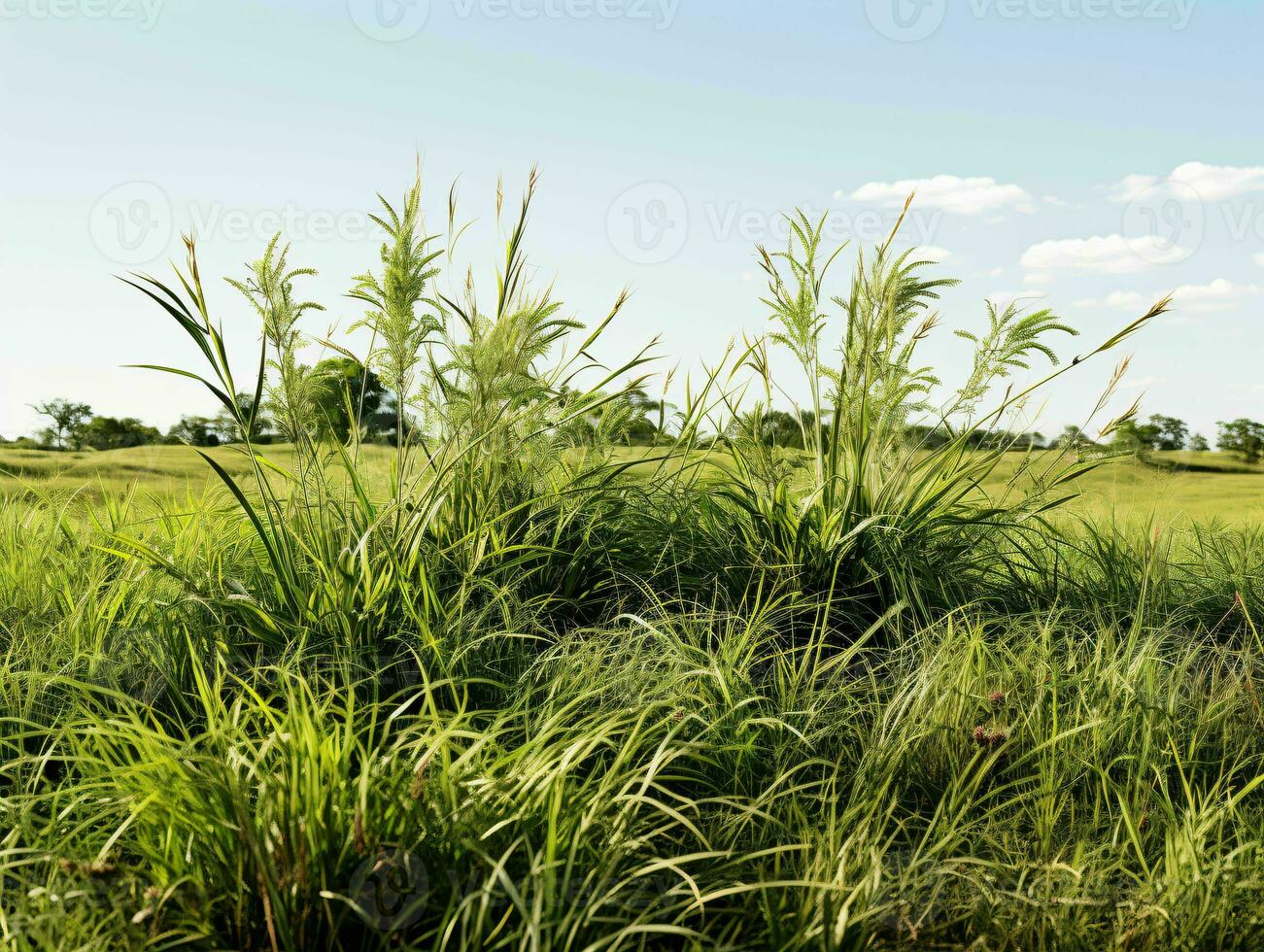 AI generated Prairies Grasses with Blue Sky View. Grass on Wild Field. Generative AI photo