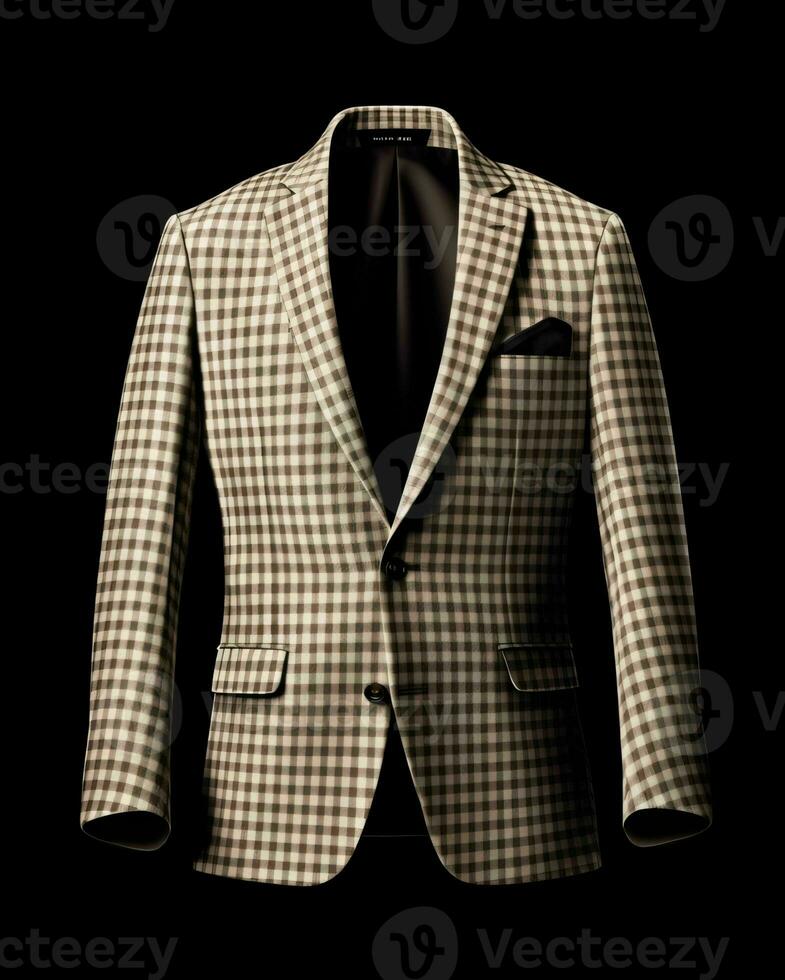 AI generated Elegant Beige Men's Suit with Gingham Motif Isolated on Black Background. Generative AI photo