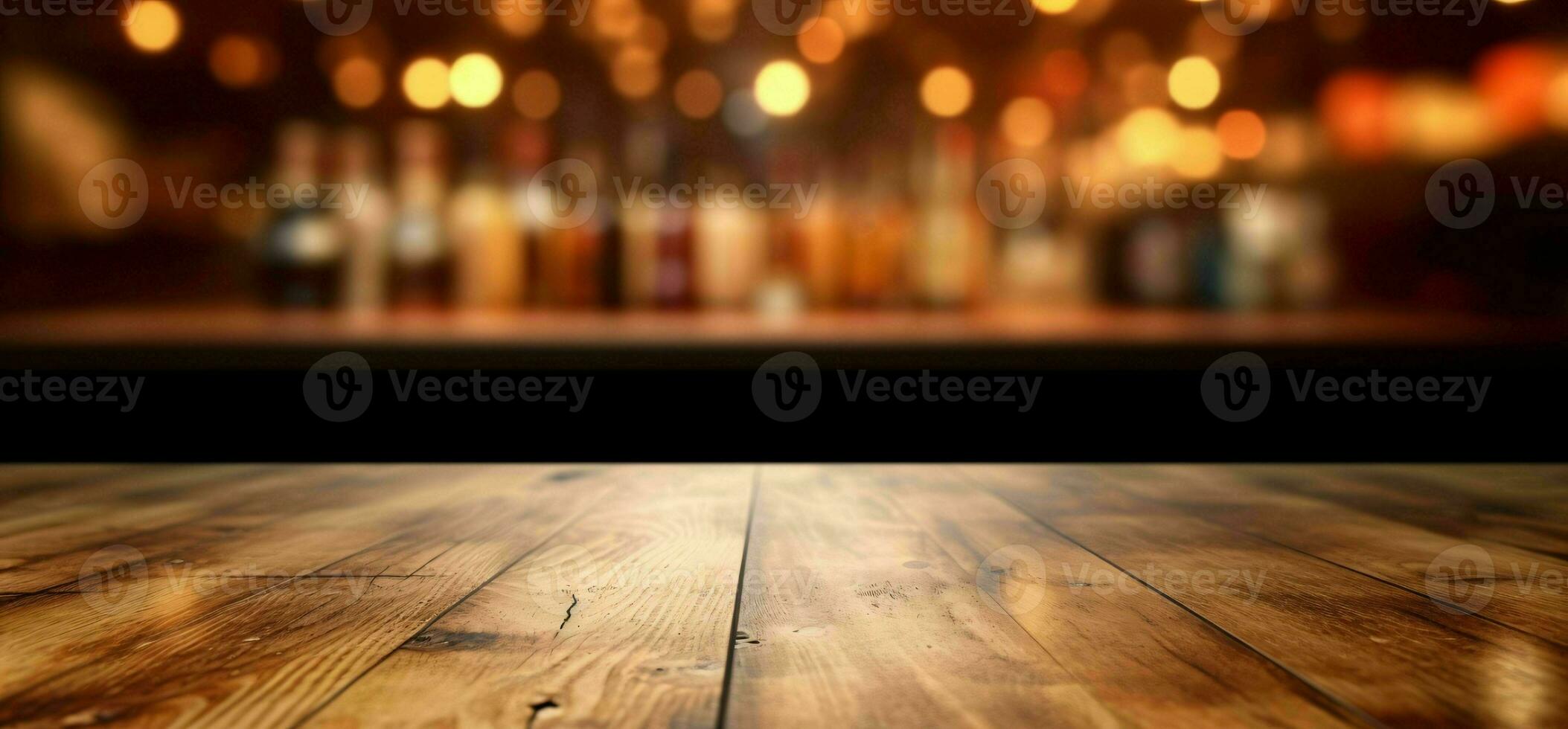 AI generated Empty Wooden Table with Bokeh Cafe Background and Golden Lights. Generative AI photo
