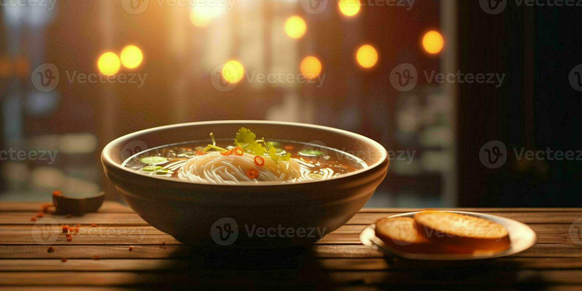 AI generated A Bowl of Hot Noodle Soup on Wooden Table. Generative AI photo