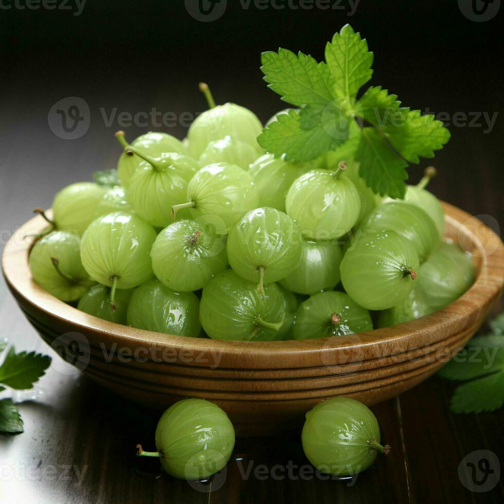 AI generated Fresh Ripe Green Gooseberries in Wooden Basket. Close up of Gooseberry. Generative AI photo
