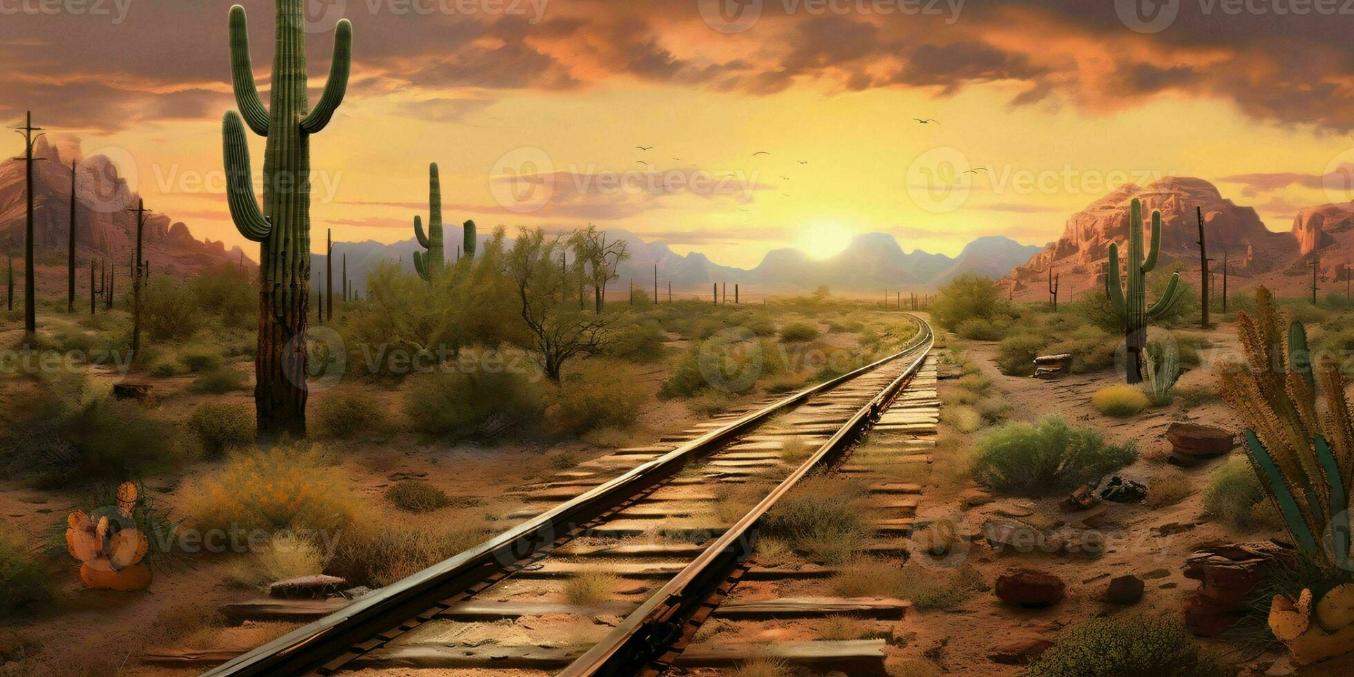 AI generated Rusty Railroad Track on Western Desert. Abandoned Train Track. Generative AI photo