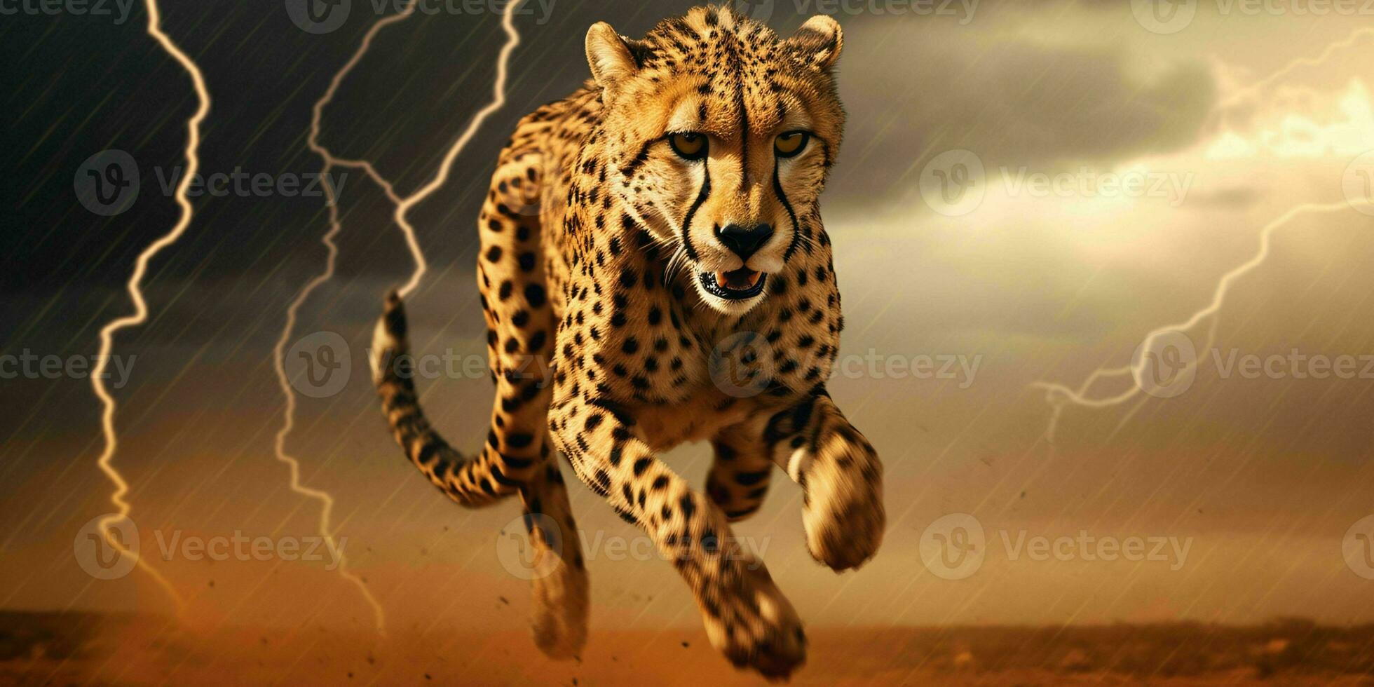 AI generated A Cheetah Sprinting in the Desert with Thunderstorm Behind. Generative AI photo