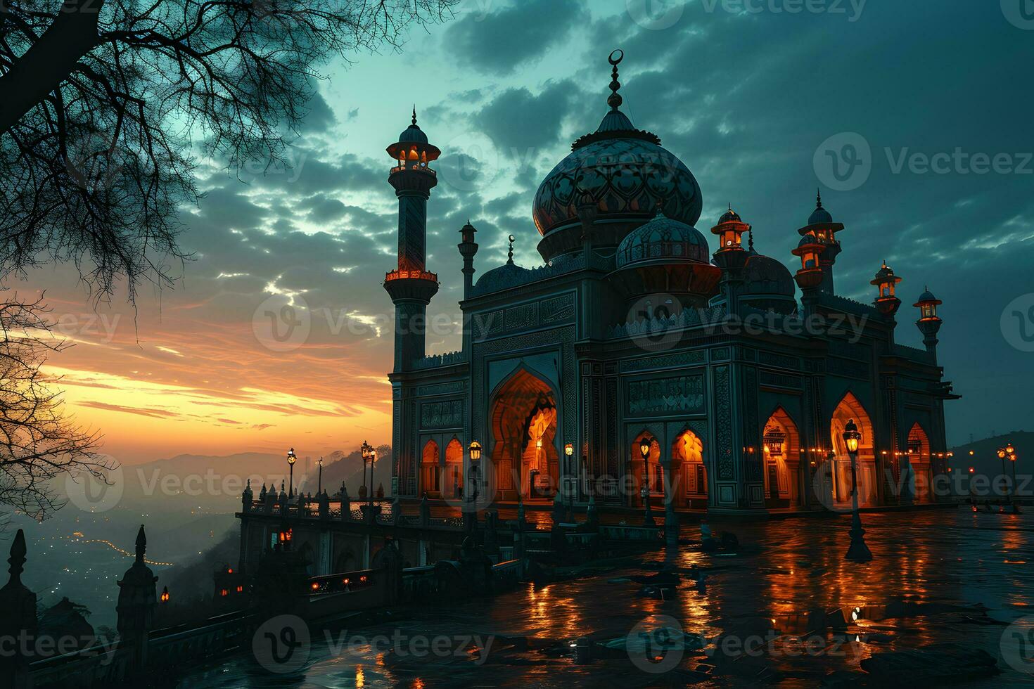 AI generated A Magnificent Mosque with a Beautiful Sky View at Sunset. Generative AI photo