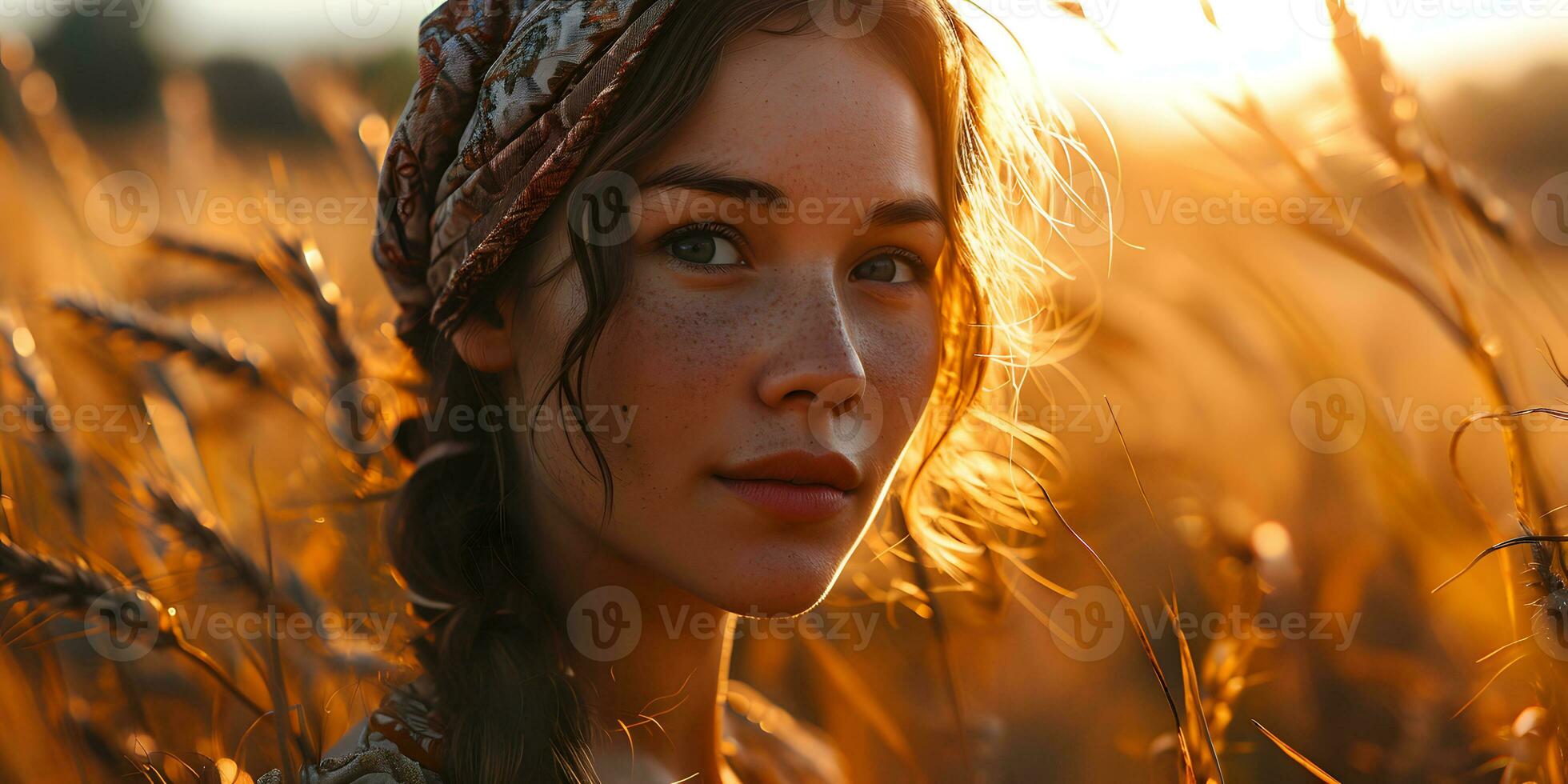 ai generado hermosa medio oriental mujer con pecoso rostro, vistiendo Pañuelo en trigo campo con brillante luz de sol efecto. generativo ai foto