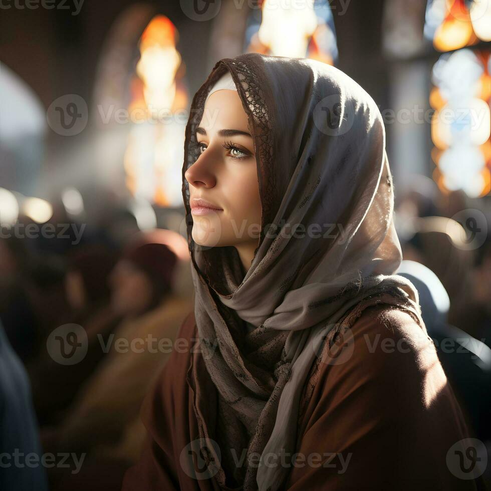 AI generated Beautiful Muslim woman in hijab sits in mosque, listening to sermon, Generative Ai photo