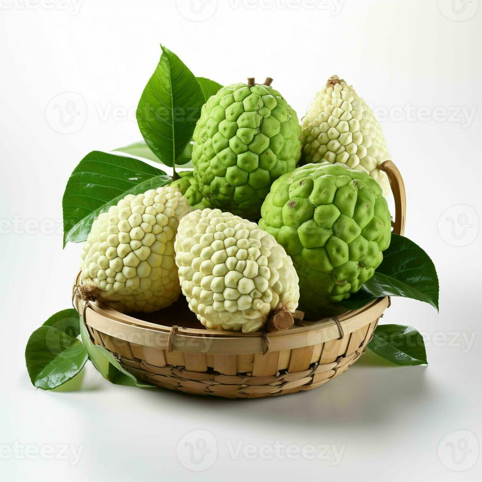 AI generated Fresh Custard Apples in a Basket. Sugar Apple. Healthy Fruit. Generative AI photo