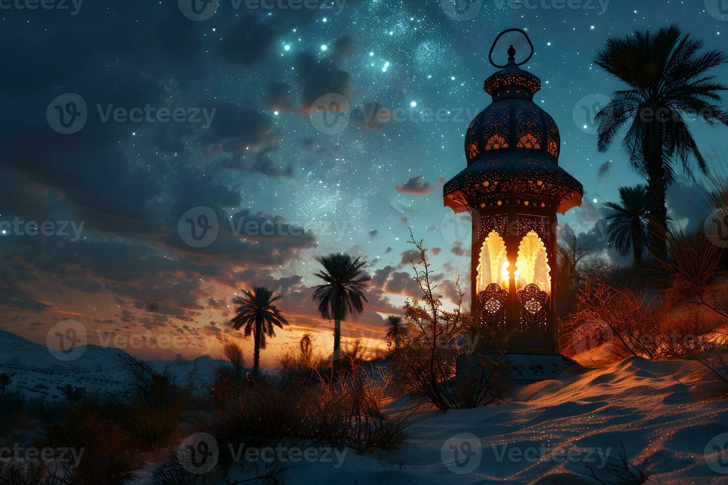 AI generated Arabic Lantern in the Desert at Sunset. Ramadan Kareem Background. Muslim Holy Month. Generative Ai photo