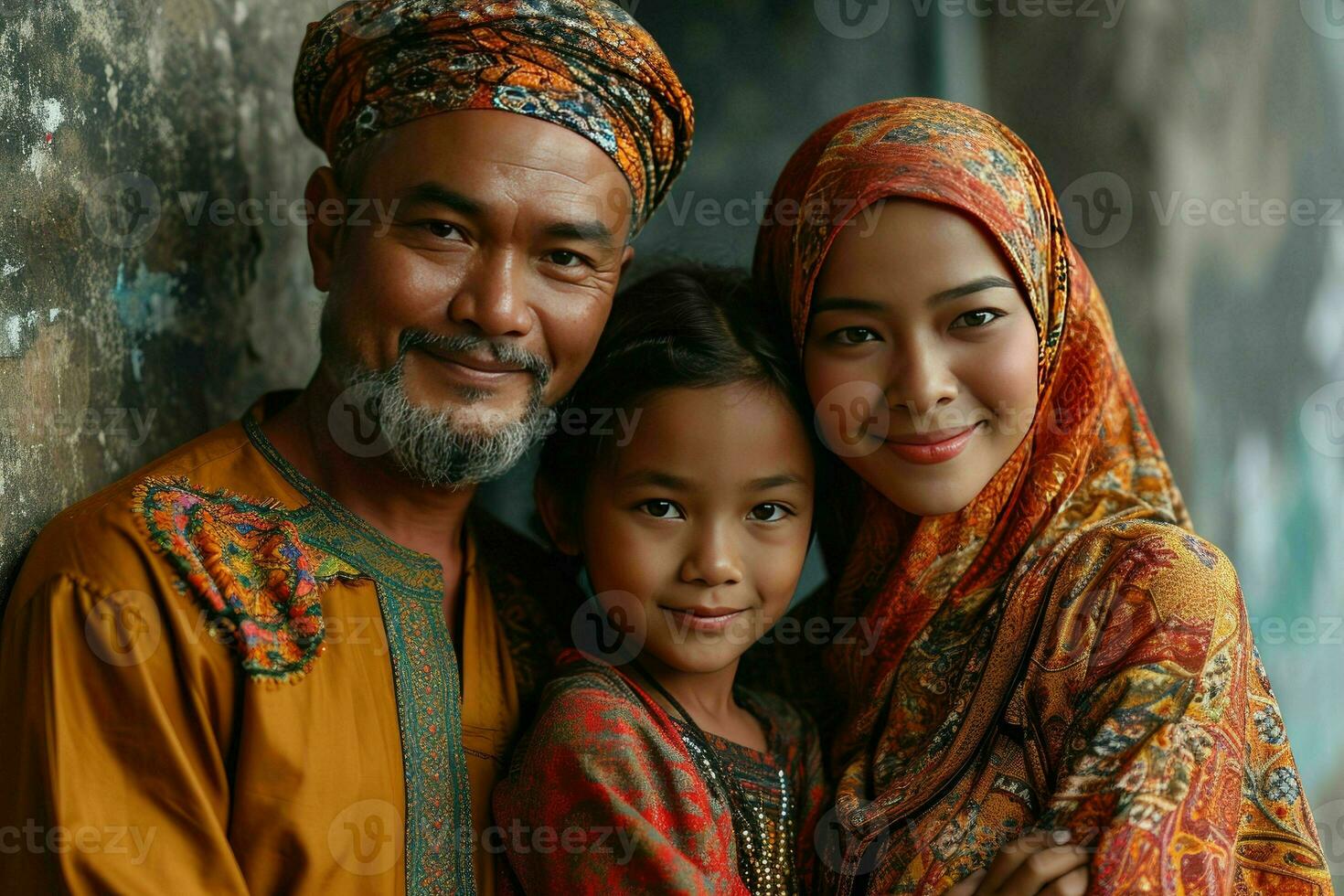 AI generated Portrait of a Happy Asian Muslim Family in Traditional Clothes. Generative AI photo