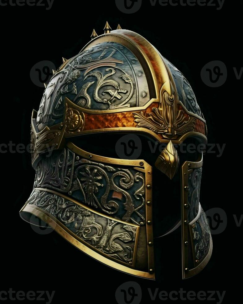 AI generated Iron Medieval War Helmet Isolated on Black Background. Generative AI photo