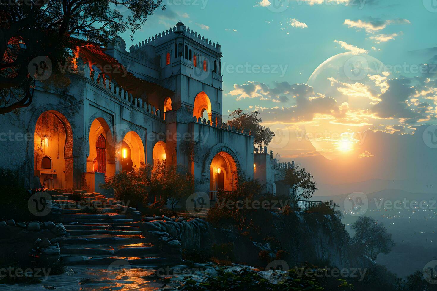 AI generated A Magnificent Mosque with a Beautiful Sky View at Sunset. Generative AI photo