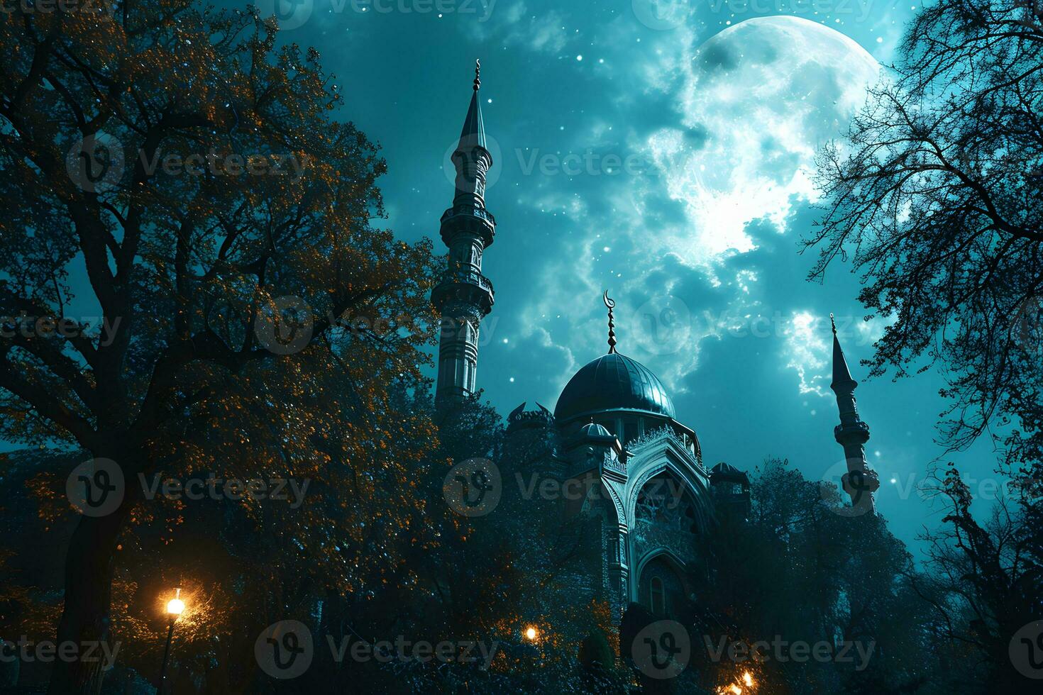 AI generated A Magnificent Mosque with a Beautiful Sky View at Sunset. Generative AI photo
