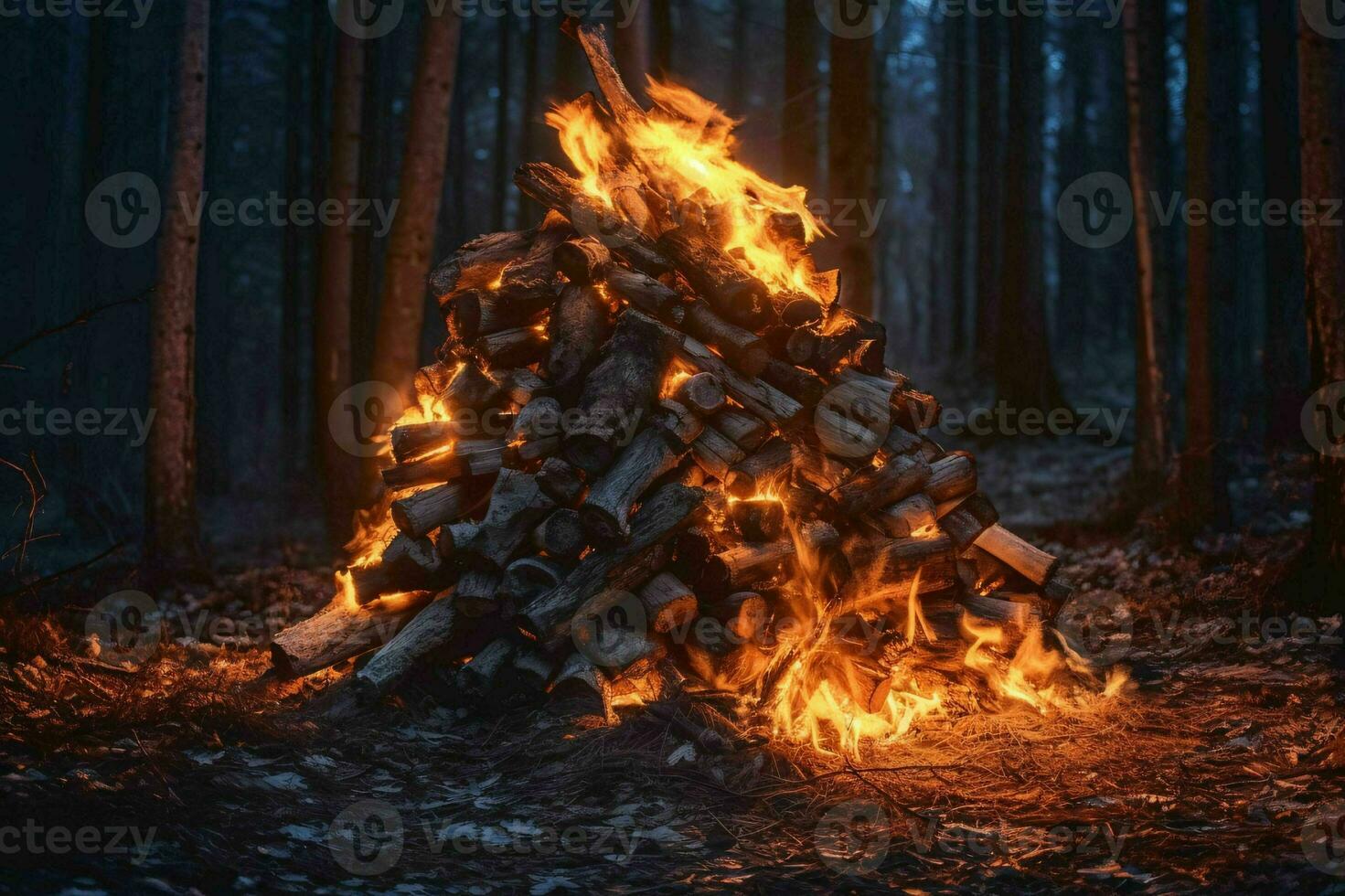 AI generated Big Bonfire with Flame in The Forest At Night. Burning Wood Pile. Generative AI photo
