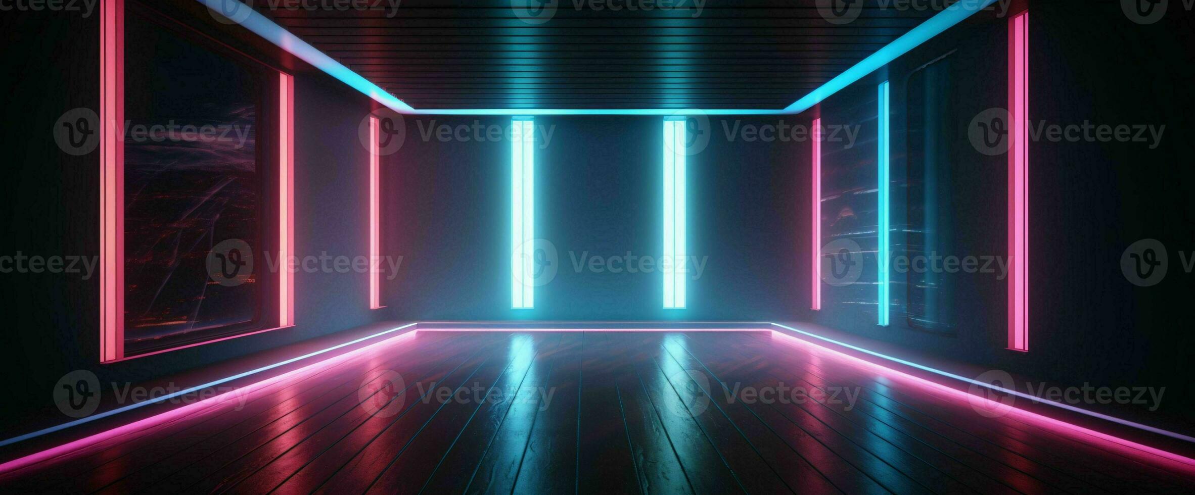 AI generated Modern Dark Room with Glowing Neon Lines with Retro 80s Style. Futuristic Interior with Laser Effect. Generative AI photo