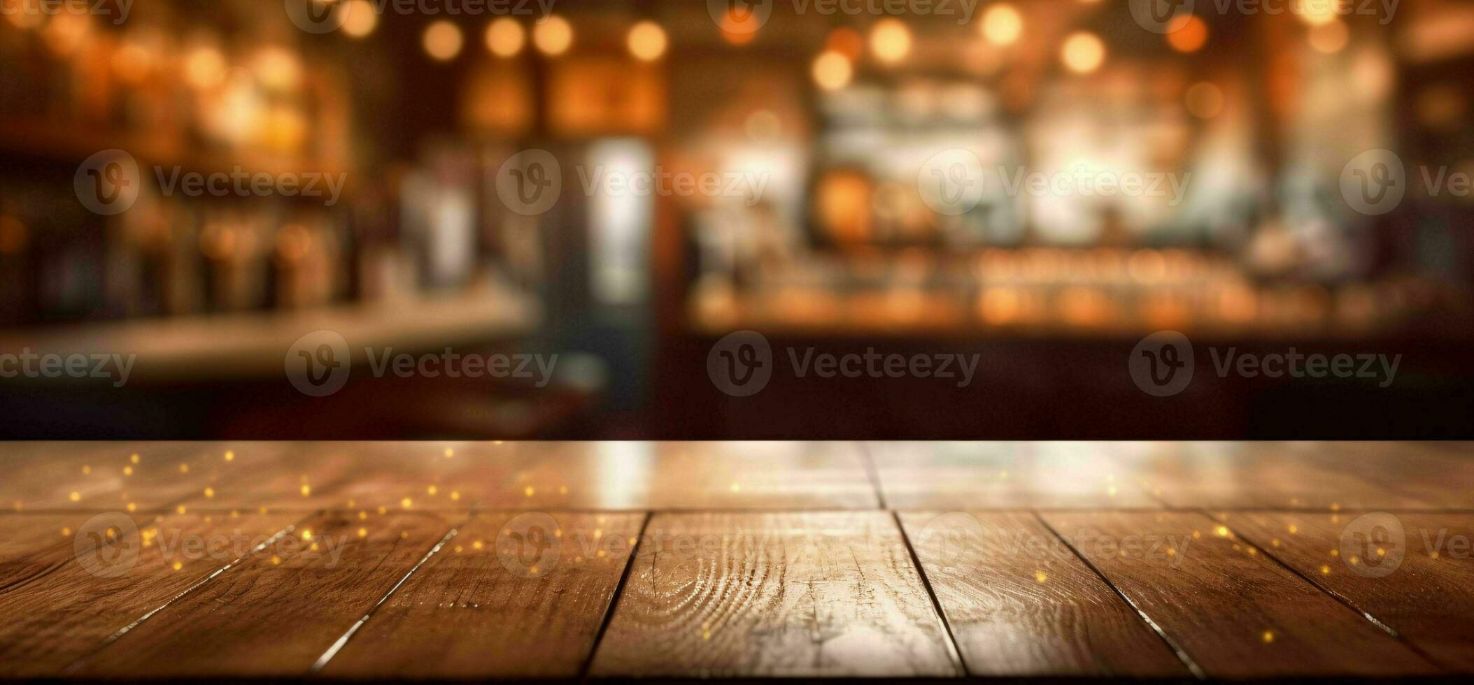 AI generated Empty Wooden Table with Bokeh Cafe Background and Golden Lights. Generative AI photo