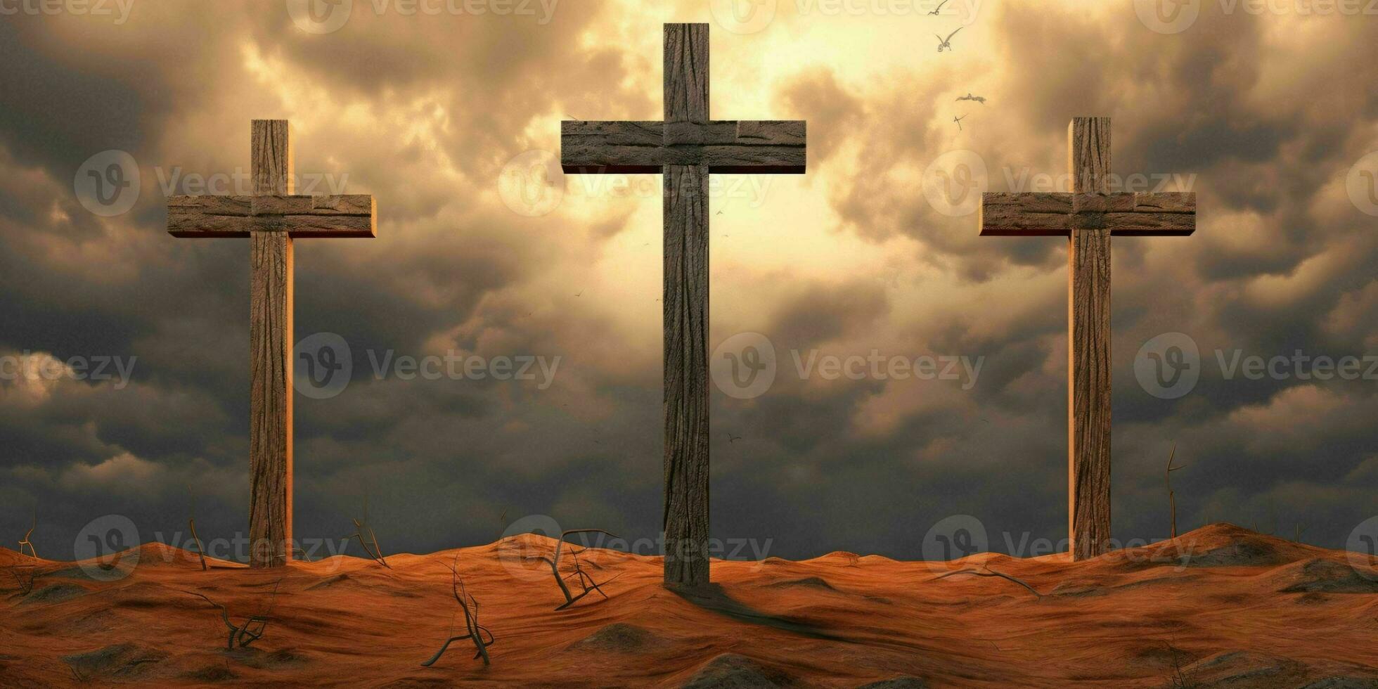 ai generado Tres cruces en un rocoso Desierto colina. Resurrección de Jesús Cristo. generativo ai foto