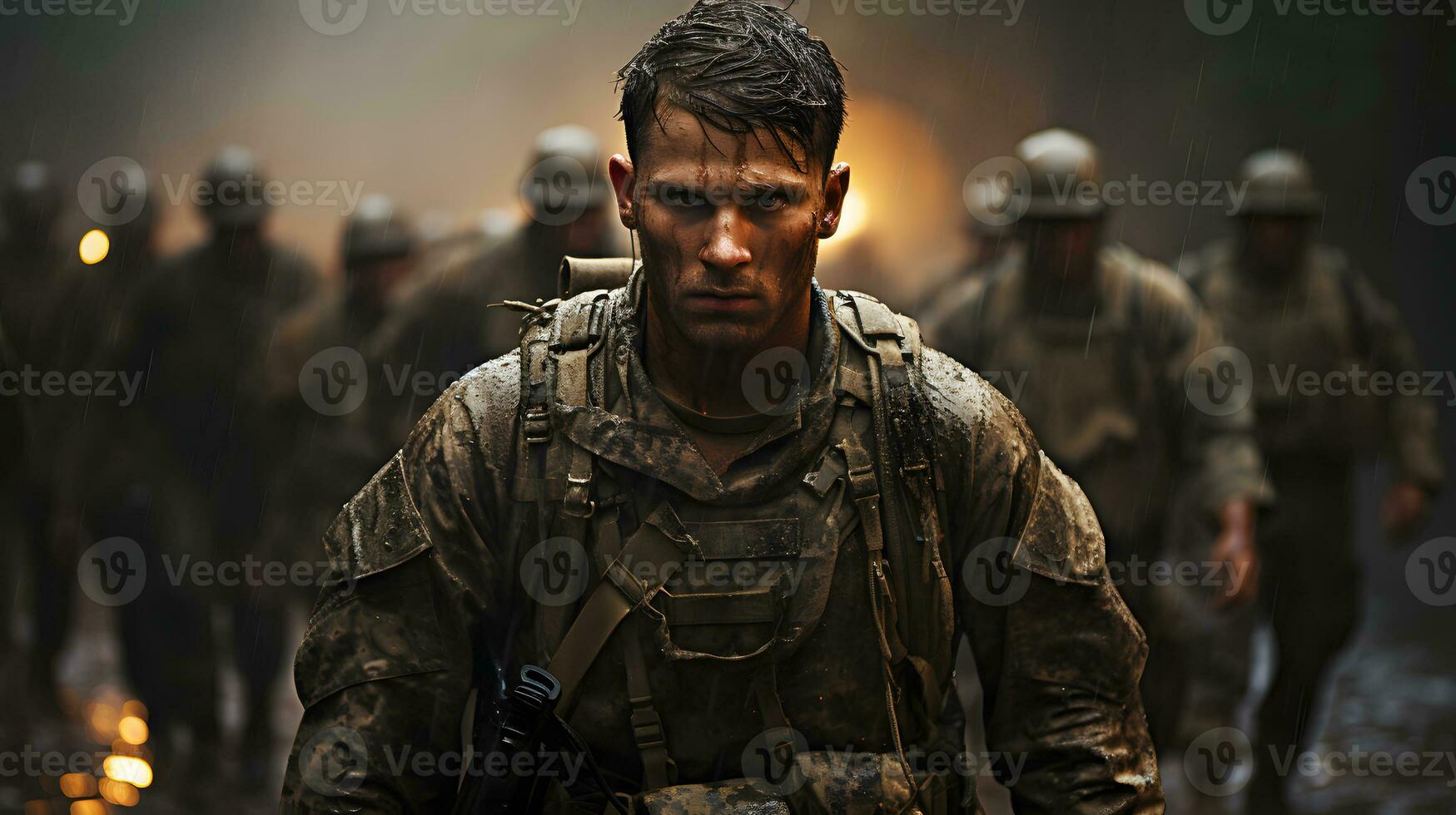 AI generated Portrait of a Soldier in a War Zone. Man in Battle. Generative Ai photo