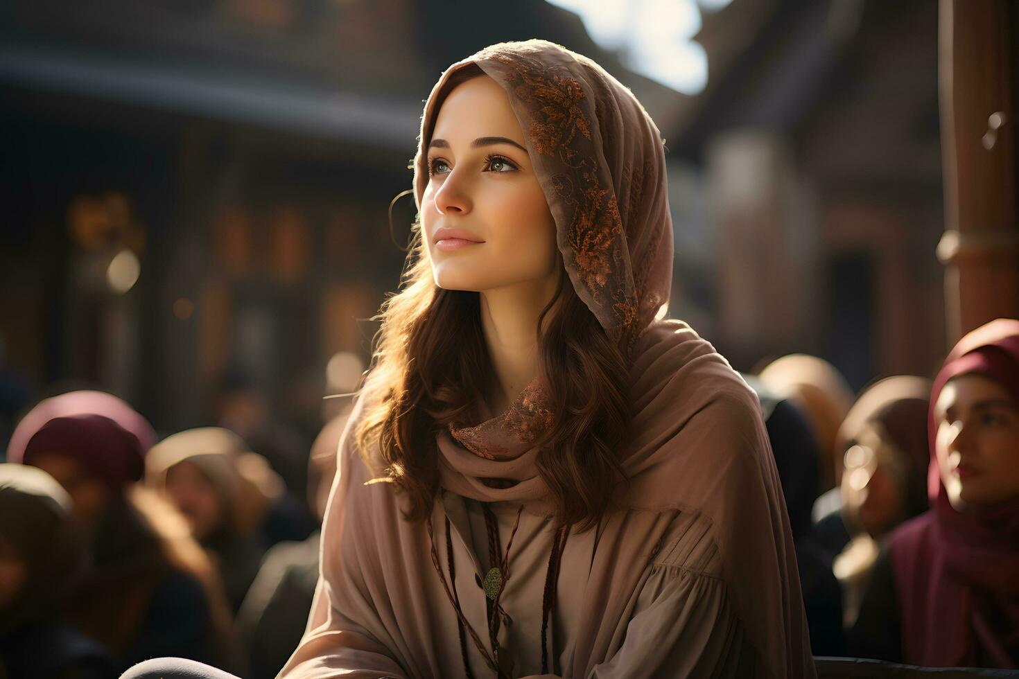 AI generated Beautiful Muslim woman in hijab sits in mosque, listening to sermon, Generative Ai photo