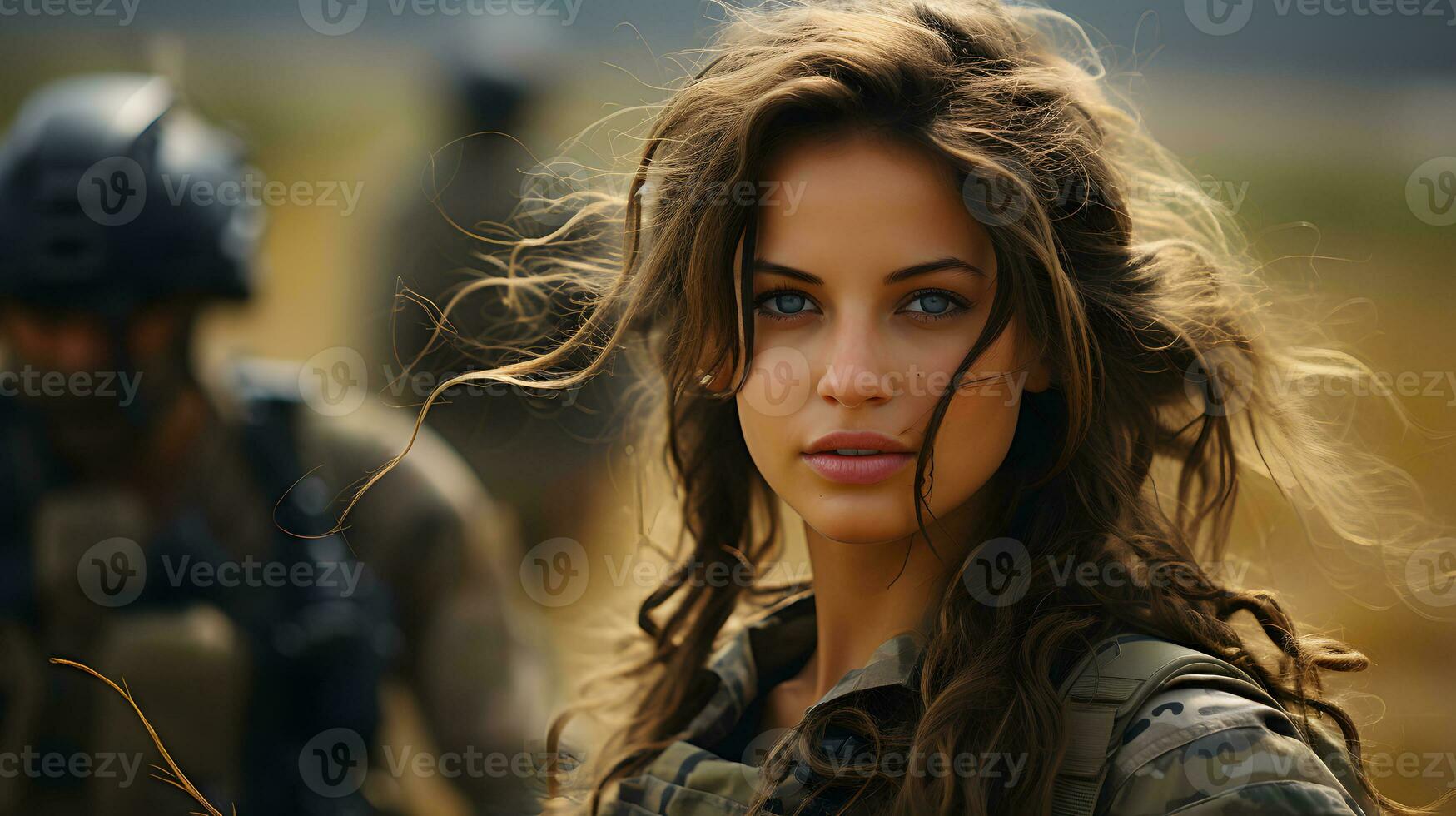 AI generated Portrait of a Long Haired Female Soldier in the Grassland. Women in Military Uniform. Generative Ai photo