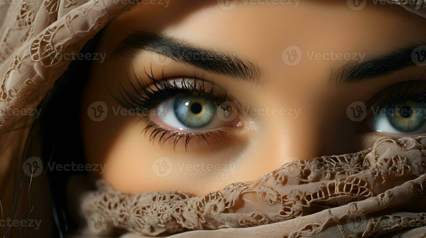 ai generado de cerca foto de un hermosa Arábica mujer en hijab con maravilloso ojos. generativo ai