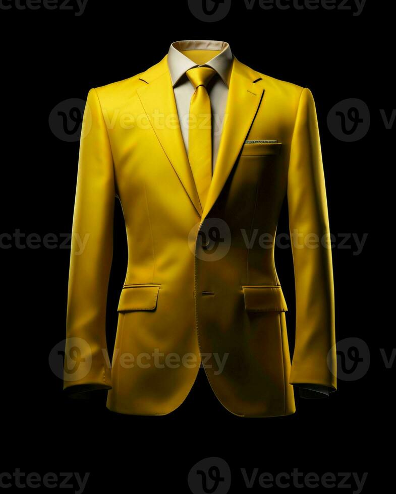 ai generado elegante amarillo de los hombres traje aislado en negro antecedentes. generativo ai foto