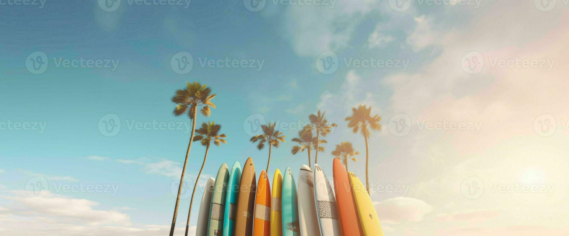 ai generado tabla de surf en el playa con azul cielo vista. generativo ai foto