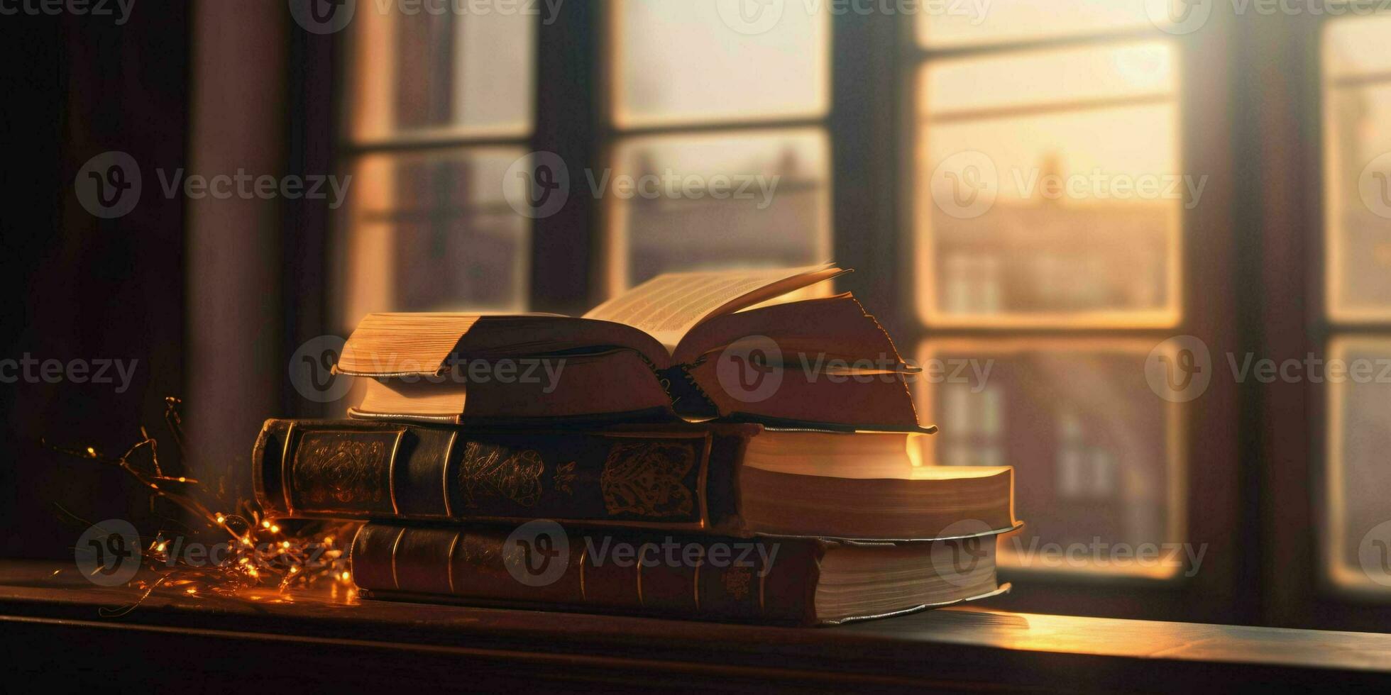 AI generated Stack of Books on a Wooden Table with Window and Sunlight in the Background. Generative AI photo