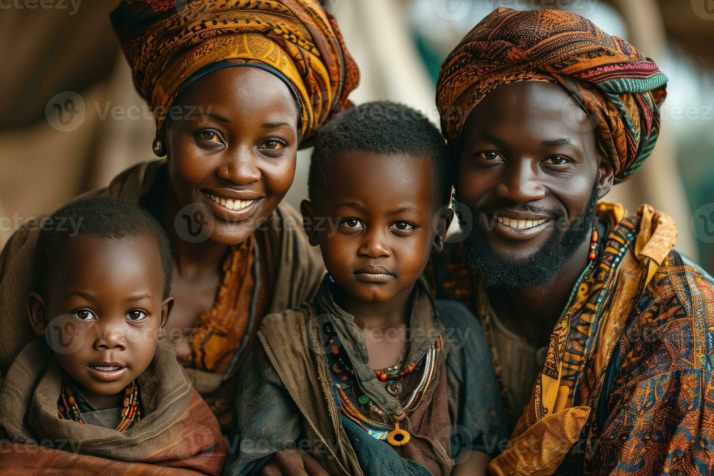 AI generated Portrait of a Happy African Muslim Family in Traditional Clothes. Generative AI photo