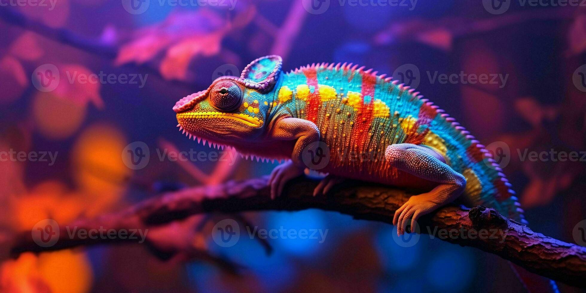 AI generated Colorful Chameleon Perched on a Tree Branch with Vibrant Neon Light Effect. Digital Art. Generative AI photo