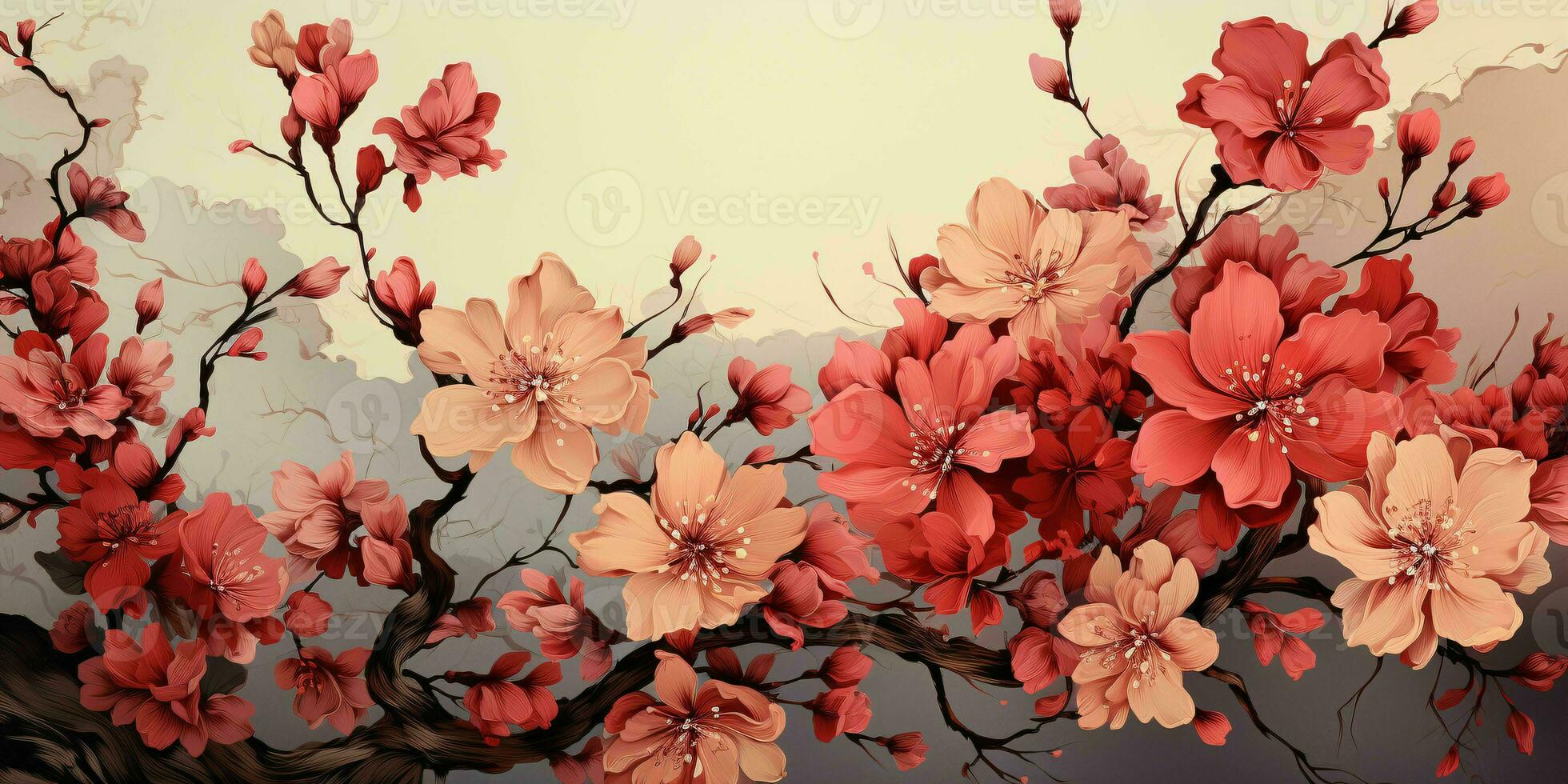 AI generated Beautiful Blooming Flowers Illustration in Vintage Art Style. Exotic Floral Background. Generative AI photo