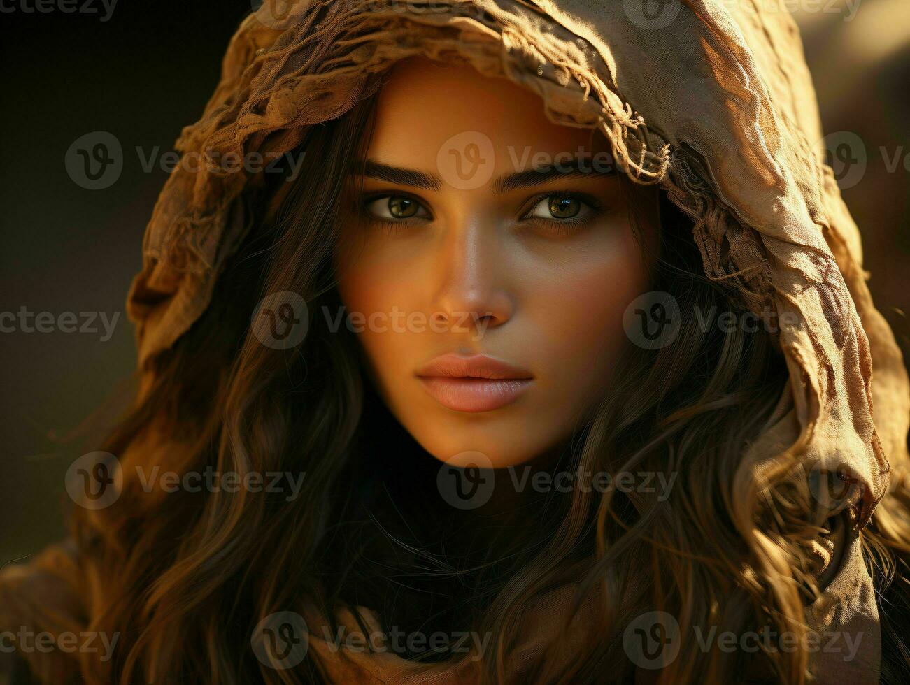 AI generated Portrait of Beautiful Veiled Arab Women with Desert Background. Close up of Middle Eastern Women with Beautiful Eyes. Generative AI photo