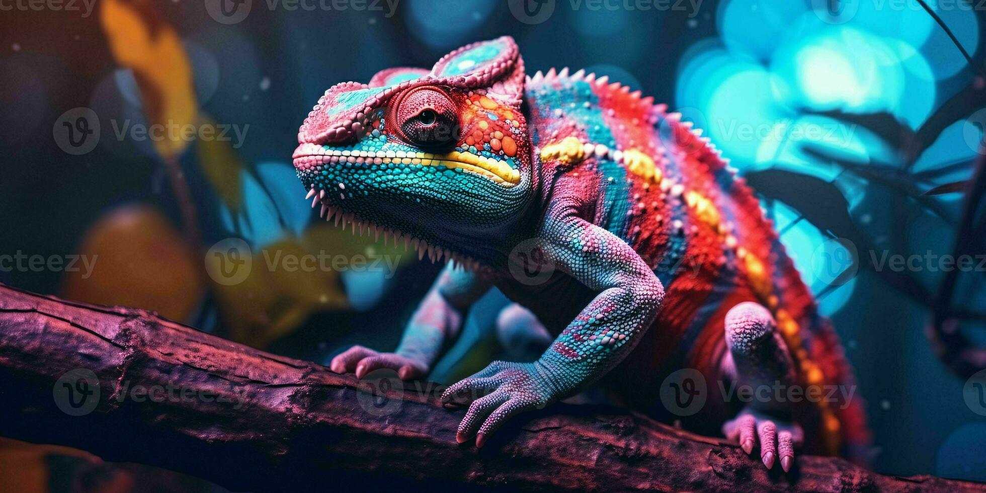 AI generated Colorful Chameleon Perched on a Tree Branch with Vibrant Neon Light Effect. Digital Art. Generative AI photo